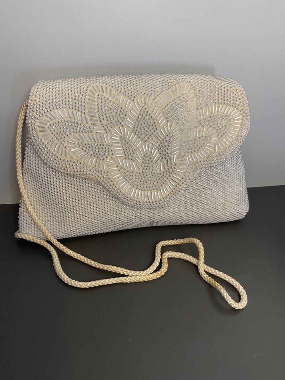 Elegant Vintage Ivory Beaded Double-Sided Evening Clutch / Shoulder Bag
